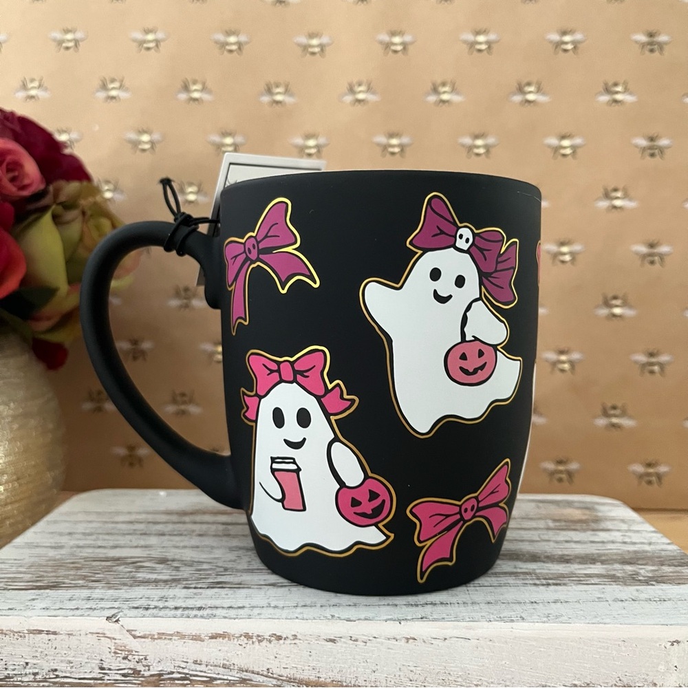 Cobwebs And Cauldrons Halloween Coffee Mug With Pink Bows And Coquette Ghosts.